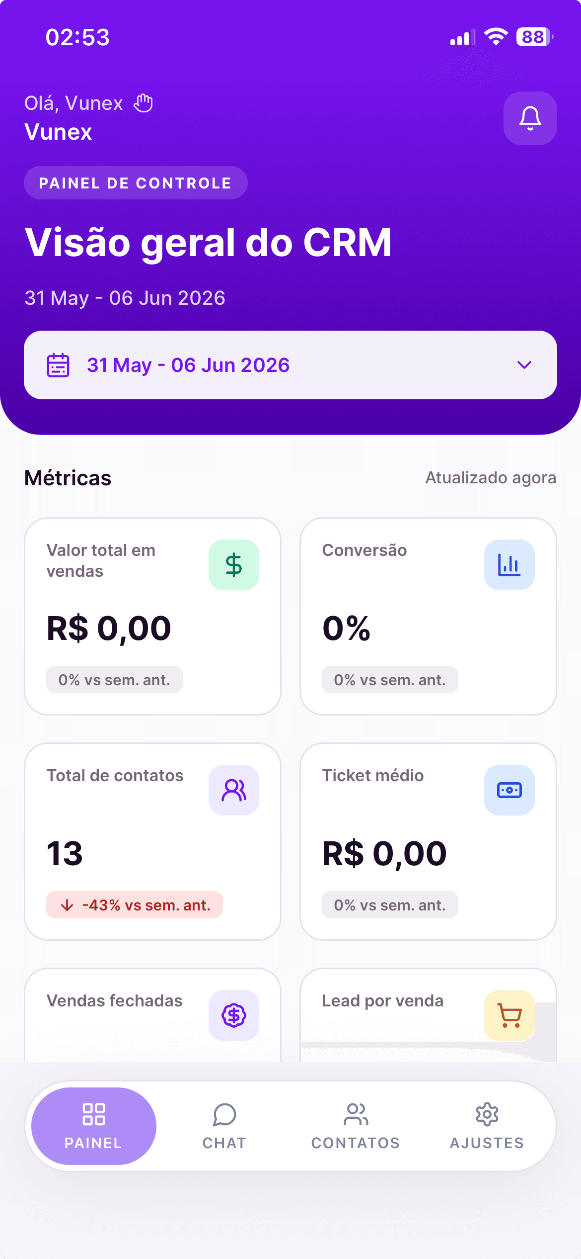 Dashboard do aplicativo Vunex